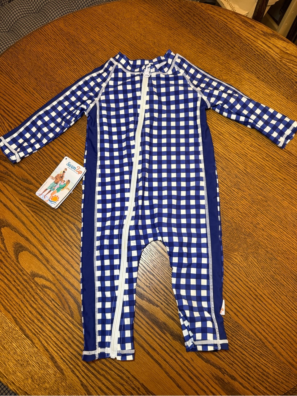 SunZap Kids Blue Gingham One-Piece Rash Guard Swimsuit with Front Zip